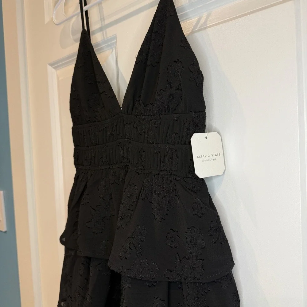 Altar'd State Black Floral Burnout Tiered Mini Dress Smocked Waist Size XS NWT - Picture 5 of 8